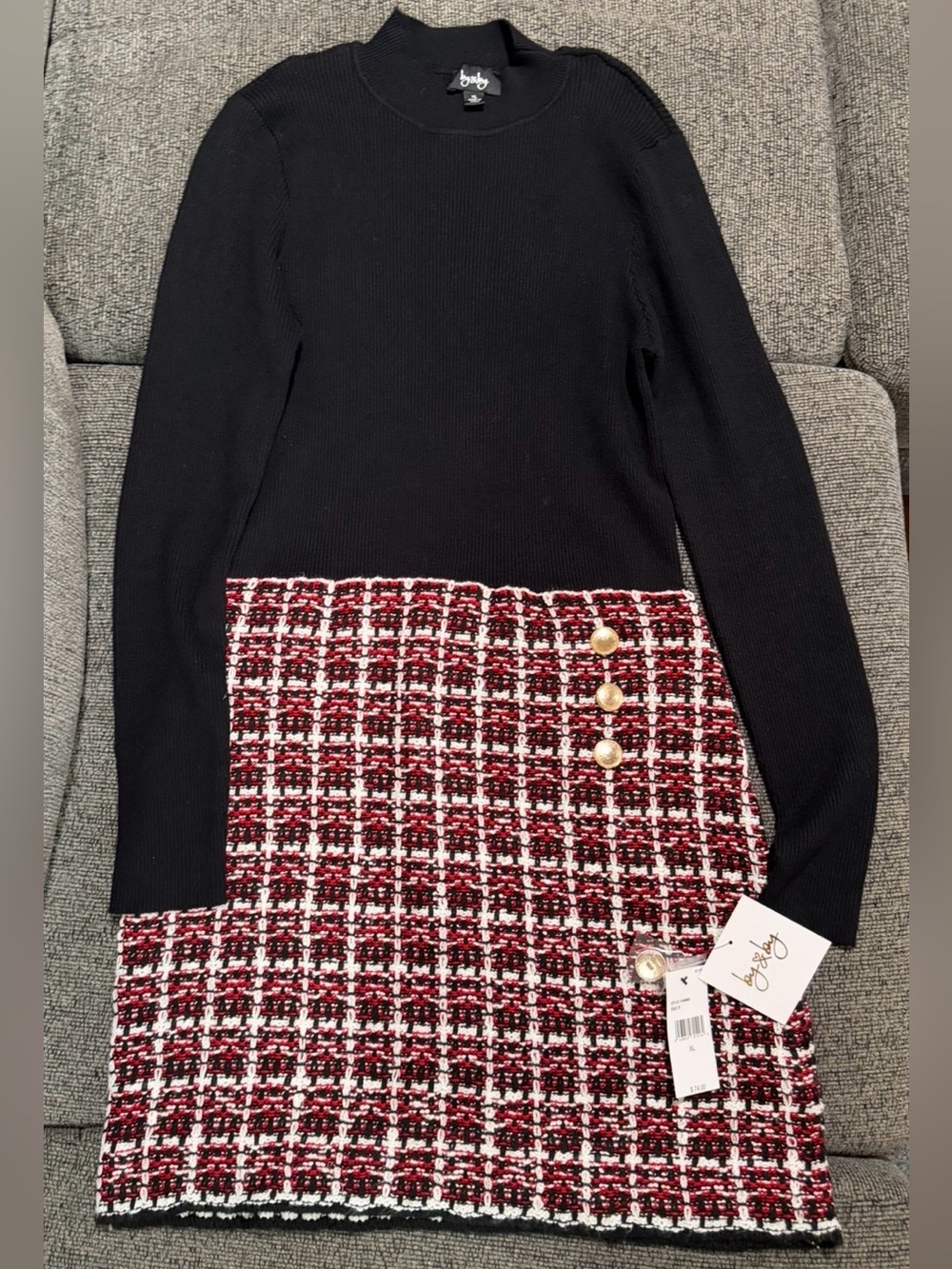 by & by Black Knit Top with Red Tweed Mini Skirt mini dress NWT